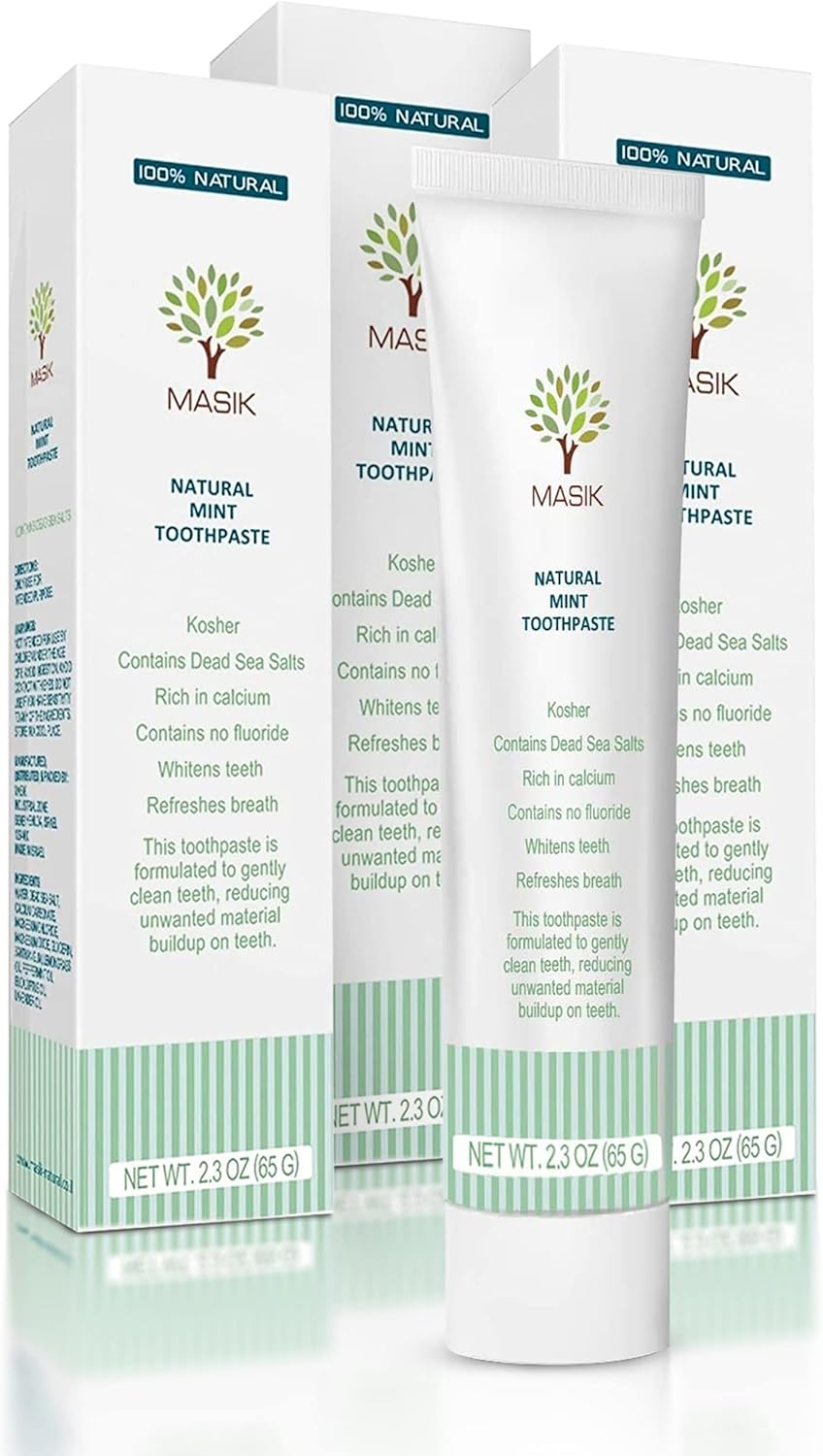 Masik Natural Toothpaste – Whitening & Sensitive Teeth | Dead Sea Salt | Stain & Plaque Remover | Bleeding Gums & Canker Sore Care | Floride & SLS-Free | Non-Foaming | Made in Israel (Mint, 3-Pack)