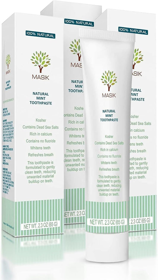 Masik Natural Toothpaste – Whitening & Sensitive Teeth | Dead Sea Salt | Stain & Plaque Remover | Bleeding Gums & Canker Sore Care | Floride & SLS-Free | Non-Foaming | Made in Israel (Mint, 3-Pack)