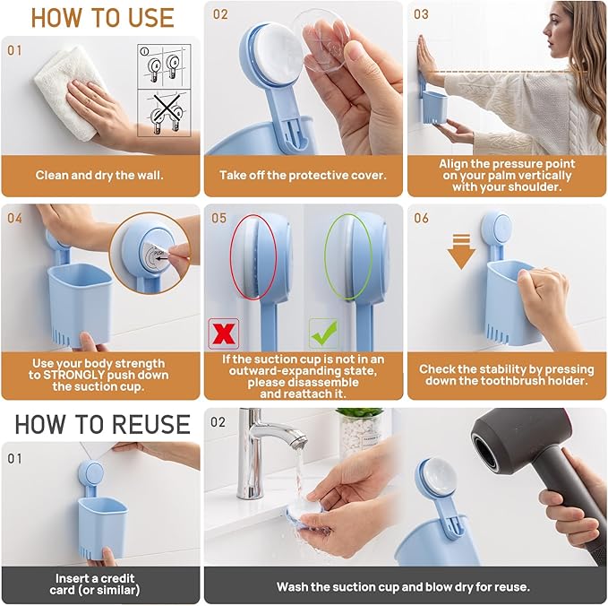 LEVERLOC Powerful Suction Cup Toothbrush Holder, Drill-Free Wall Shower Holder for Toothbrush, Toothpaste, Razor, Self-draining Kitchen Tableware Organizer, Removable Suction Cup in Shower, Blue