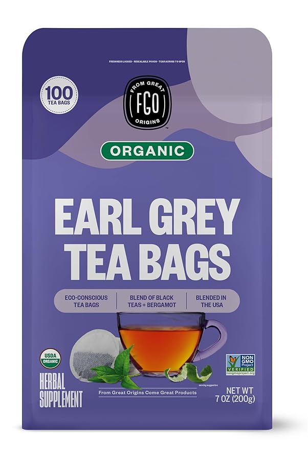 FGO Organic Earl Grey Black Tea, 100 Count, Eco-Conscious Tea Bags, Resealable Bag, Packaging May Vary (Pack of 1)
