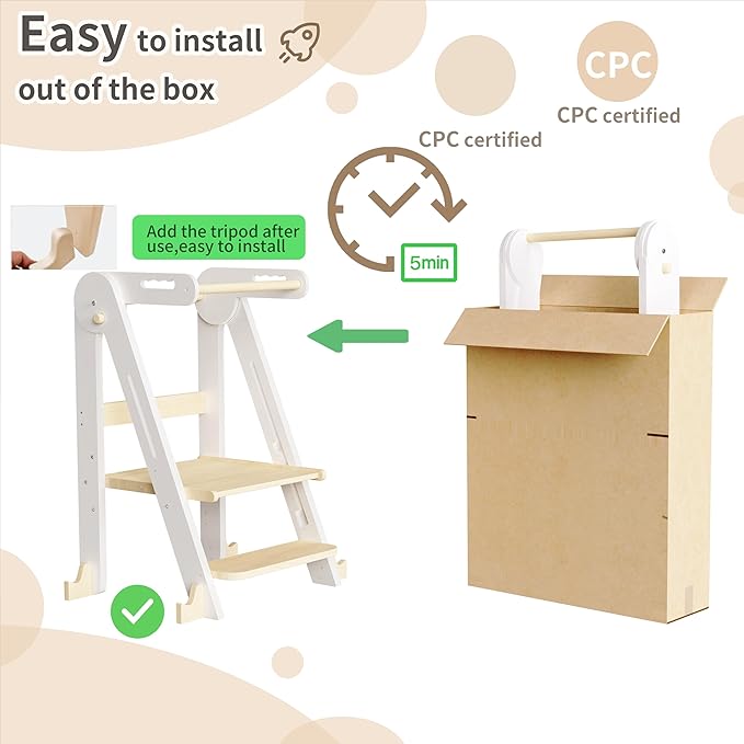 Kids Kitchen Step Stool, Foldable Toddler Tower, Height Adjustable Toddler Standing Tower with Safty Rail and Anti-Slip Device, Wooden Stool for 1.5-6 Years(White Wood)