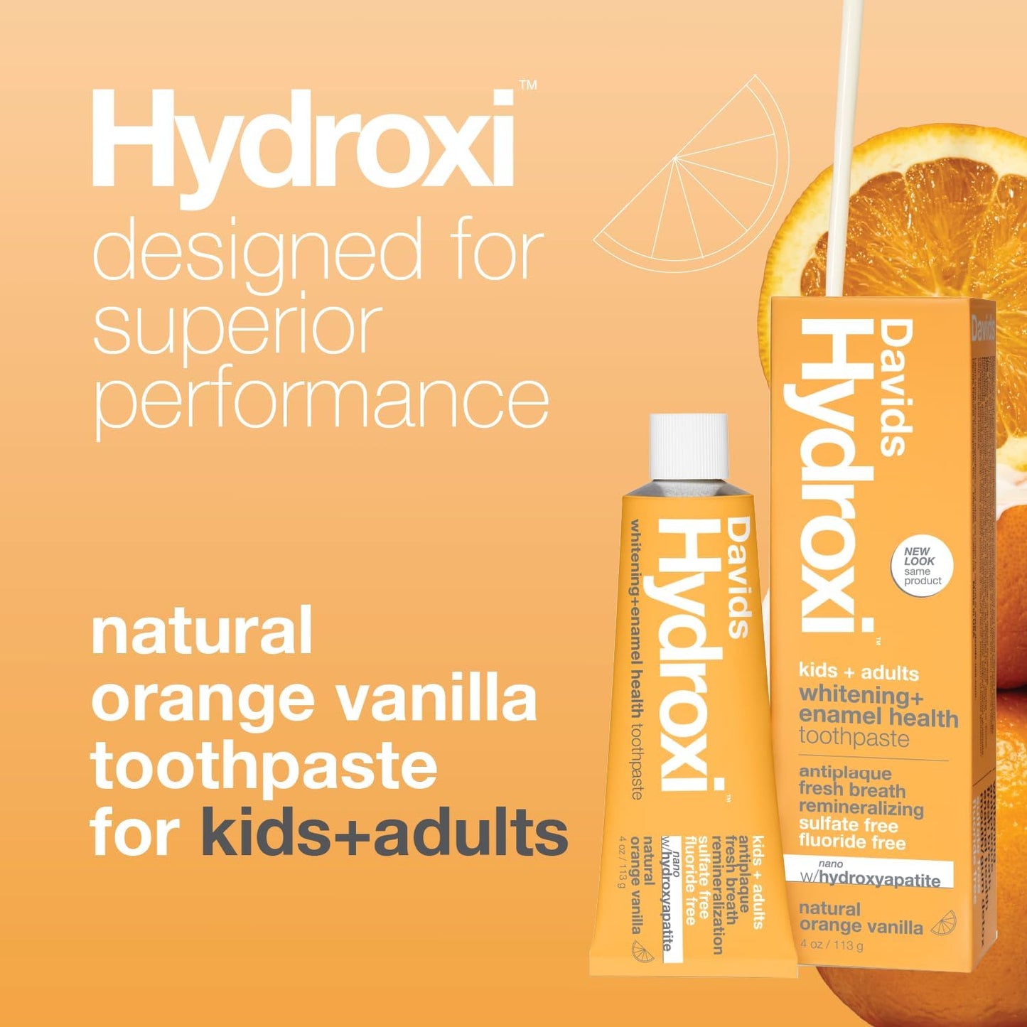 Davids Hydroxi Fluoride Free Nano Hydroxyapatite Toothpaste for Enamel Health & Whitening, Antiplaque, SLS Free, Kid Friendly Orange Vanilla Flavor, 4 oz, Made in USA
