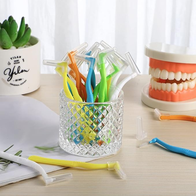 Honeydak 20 Pcs L-Shaped Interdental Brushes 5 Sizes Dental Braces Toothbrush Soft with Non-Slip Handle Angled Head Tooth Picks Floss Sticks Dental Floss Brushes for Oral Cleaning