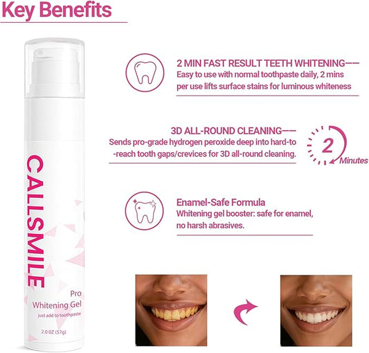 CALLSMILE Teeth Whitening Gel - Professional Strength Hydrogen Peroxide Formula, Tooth Stain Remover for White Teeth, Removes Tough Stains Coffee, Wine, Tea, Sensitive Teeth-Friendly, 2 oz Bottle