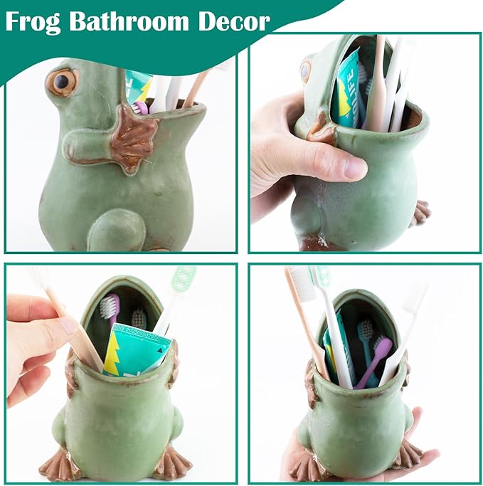 FlidRunest Extra Large Kids Frogs Toothbrush Holder for Bathroom - Ceramic Animal Tooth Brush Holder Cup - Easy to Clean Toothbrush and Toothpaste Holder - Great Gift for Boy, Friends, Kids, Men