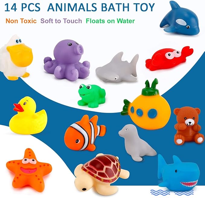 15 PCS Ocean Animals Rubber Bath Toy Water Squirters with Floating Bathtub Squeeze and Play Soft Sea Creatures anf Fishing Net for Baby, Toddlers and Kids