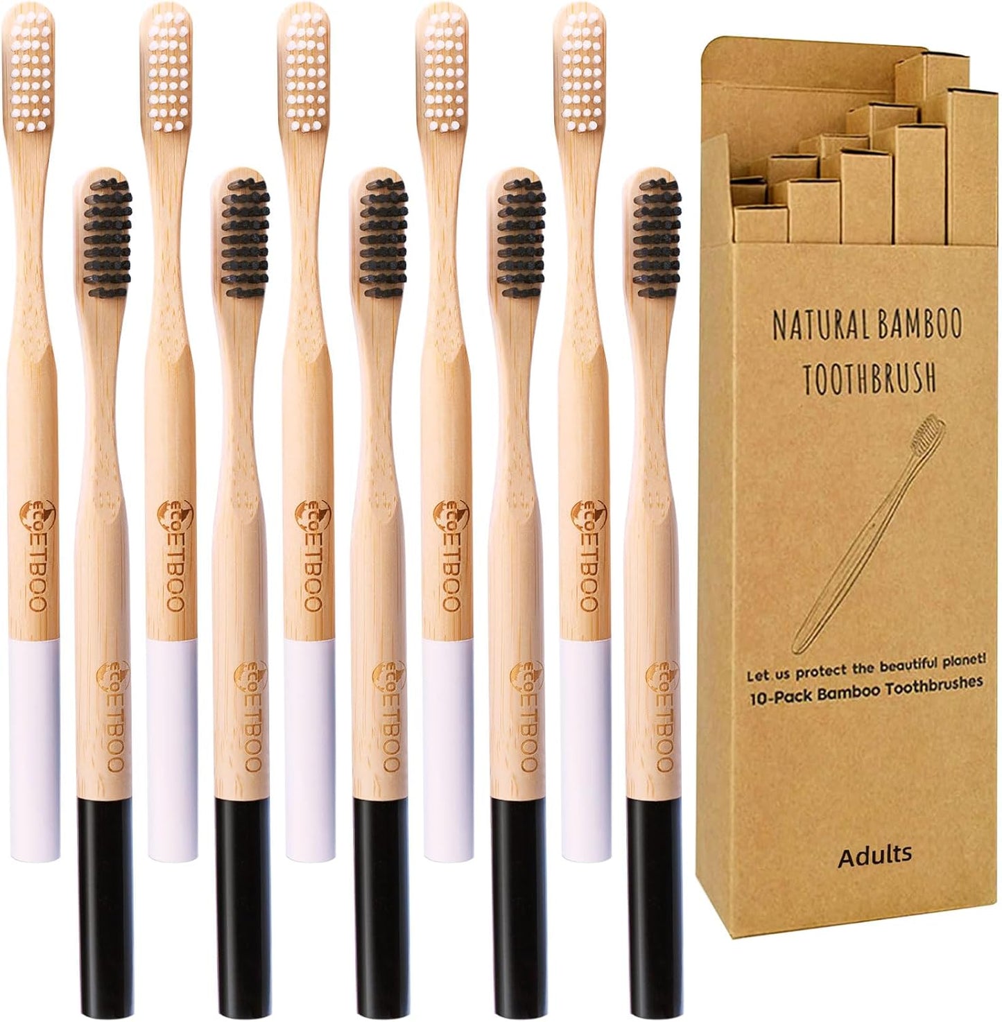 Bamboo Toothbrushes Medium Hard Bristles for Adults 10 Pack, Wooden Toothbrush Family Set Natural Organic Tooth Brush Black White