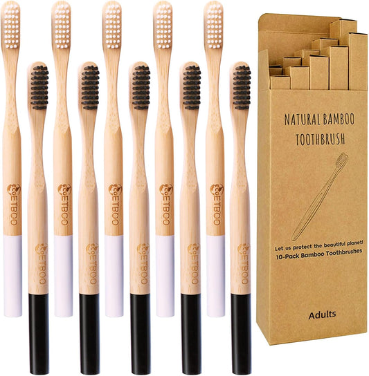 Bamboo Toothbrushes Medium Hard Bristles for Adults 10 Pack, Wooden Toothbrush Family Set Natural Organic Tooth Brush Black White