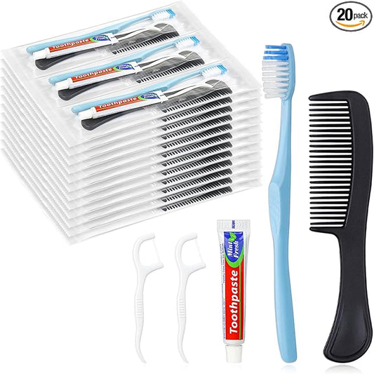 20 Sets Disposable Toothbrushes with Toothpaste Floss Comb Individually Wrapped, Disposable Toothbrush Bulk, 10g Toothpaste,Dental Floss,6in Comb Bulk Toothbrush Kit for Homeless,Airbnb,Hotel