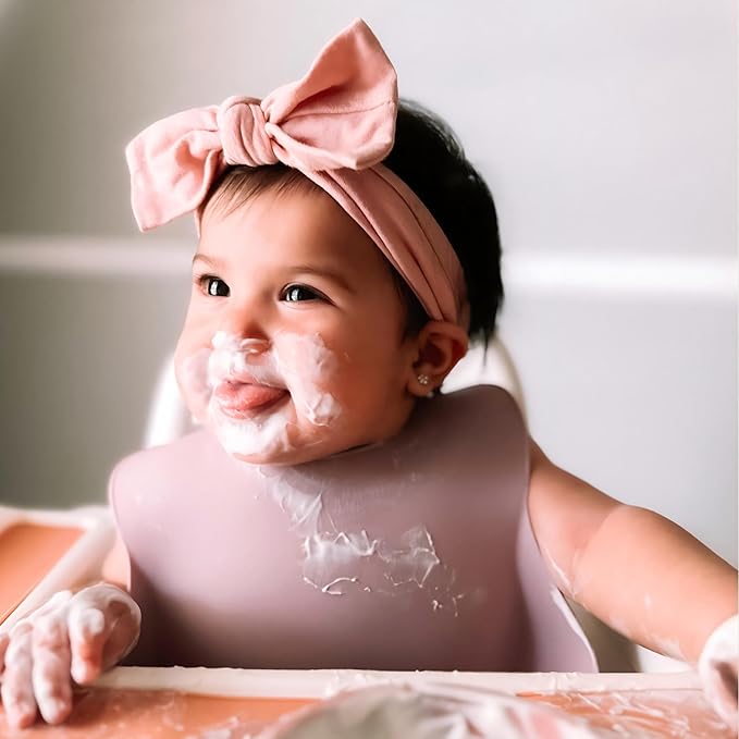 Moonkie Silicone Baby Bibs Set Of 2, BPA Free Soft Adjustable Fit Waterproof Feeding Bibs for Babies and Toddlers(Muted/Pale Mauve)