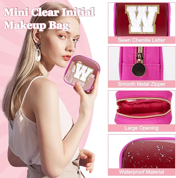 Mini Clear Personalized Initial Makeup Bag, Small Preppy A-Z Chenille Letter Patch Cosmetic Pouch, Transparent PVC & Nylon Waterproof Zip Beach Toiletry Bag,Gift for Women Girls(Hot Pink-White W)