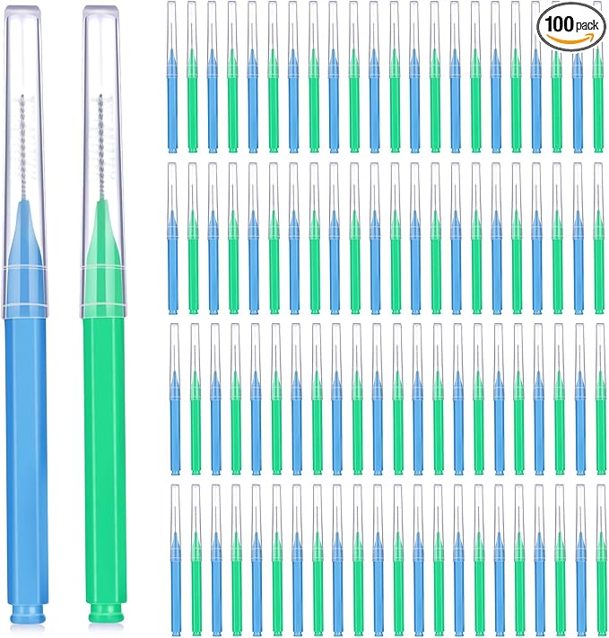 Patelai 100 Pieces Braces Brush for Cleaner Interdental Brush Toothpick Dental Tooth Flossing Head Oral Dental Hygiene Flosser Toothpick Cleaners Tooth Cleaning Tool (Blue, Green,Elegant Size)
