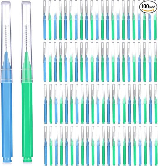 Patelai 100 Pieces Braces Brush for Cleaner Interdental Brush Toothpick Dental Tooth Flossing Head Oral Dental Hygiene Flosser Toothpick Cleaners Tooth Cleaning Tool (Blue, Green,Elegant Size)