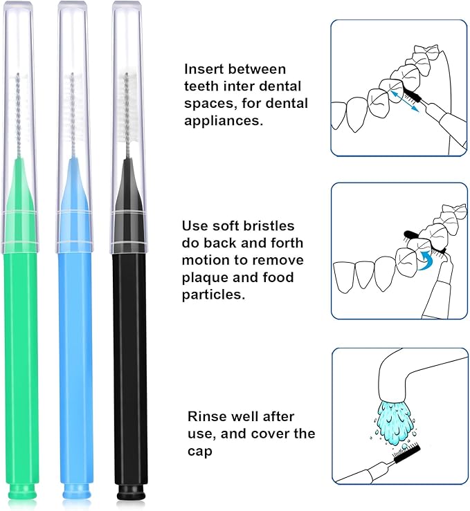 Patelai 100 Pieces Braces Brush for Cleaner Interdental Brush Toothpick Dental Tooth Flossing Head Oral Dental Hygiene Flosser Toothpick Cleaners Tooth Cleaning Tool (Black, Blue, Green)