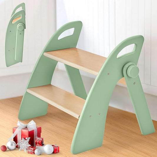 Wooden Step Stool, 300 lb. Load Capacity, with Safety Non-Slip Pads and Handles, Bamboo Step Stool for Bathroom and Kitchen, Gift for Christmas (Green)