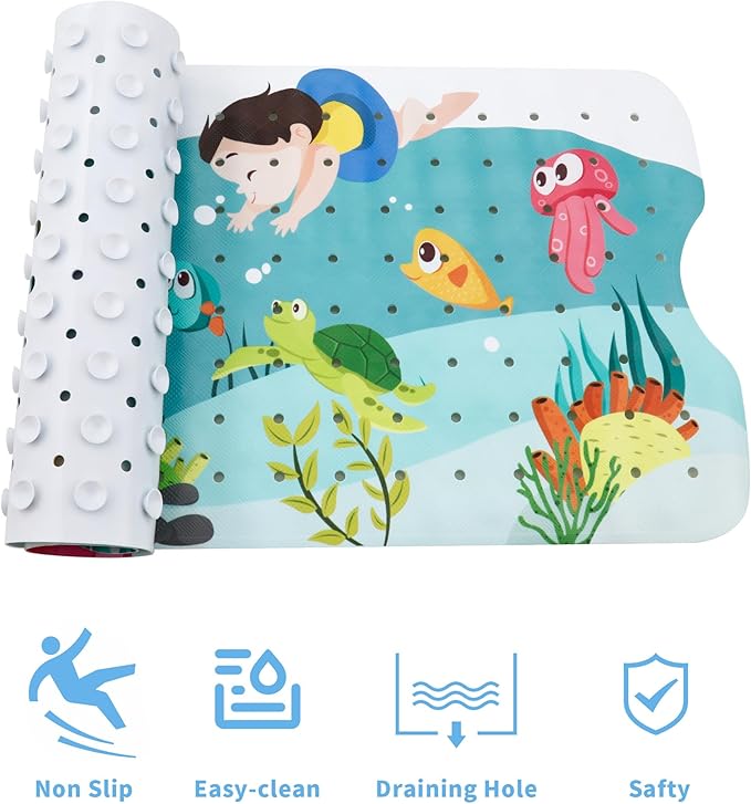 Baby Bath Mat for Tub Kids Non Slip Bathtub Mat Extra Long 40X16 Inch Shower Mat Toddler Anti Slip Bathroom Tub Mat with Suction Cups & Drain Holes (Sea World)