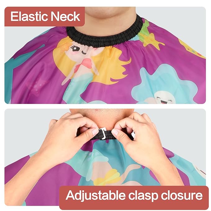 Kids Barber Cape with Neck Duster Brush, Professional Salon Hair Cutting Cape with Adjustable Snap Closure(Cartoon Mermaids)