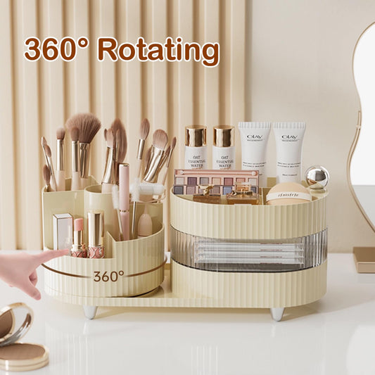 Makeup Organizer Countertop 360°Rotating Makeup Organizer for Vanity - Cosmetic Storage Holder with Makeup Brush Holder and Jewelry Storage (3 Tiers, Cream)
