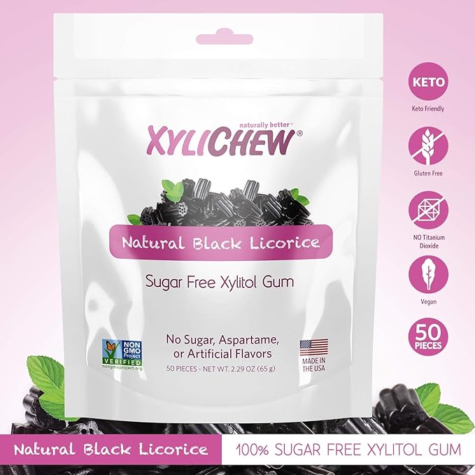 Xylichew 100% Xylitol Chewing Gum - Non GMO, Non Aspartame, Gluten Free, and Sugar Free Gum - Natural Oral Care, Relieves Bad Breath and Dry Mouth - Licorice, 50 Count