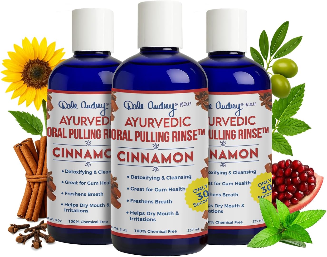 Pack of 3 Ayurvedic Organic Oil Pulling for Teeth & Gums | Natural Cinnamon Flavored Oral Rinse Mouthwash | Essential Oils for Healthy Gums & Bad Breath | Teeth Whitening & Fresh Breath-8 FL Oz