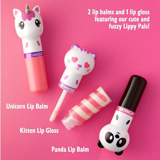 Lip Smacker Lippy Pals, Set of 3 Flavored Moisturizing & Smoothing Soft Shine Lip Balm, Hydrating & Protecting Fun Tasty Flavors ,Cruelty-Free & Vegan - Unicorn, Panda and kitten