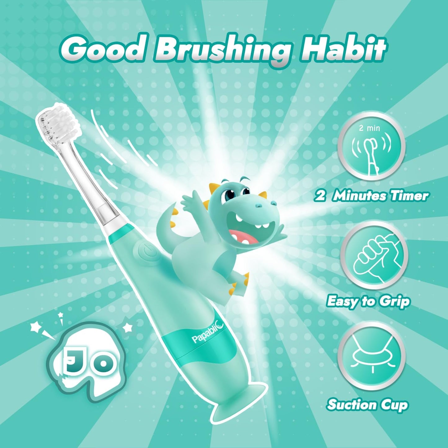 Papablic Toddler Sonic Electric Toothbrush Kids for Ages 1-3 Years, Baby Electric Toothbrush with Cute Dino Cover and Smart LED Timer, 4 Brush Heads (Jo)