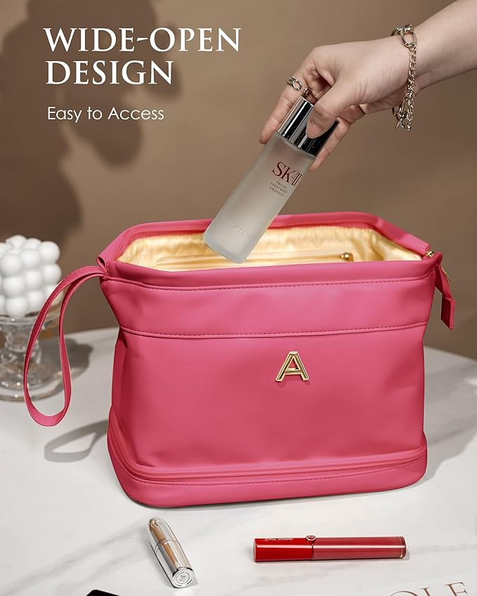Teen Girl Gifts Trendy Stuff, Initial Large Makeup Bag, Bride To Be Gifts, Double Layer Cosmetic Bag, Waterproof PU Travel Toiletry Bag for Bachelorette Wedding Bridal, Bride Gifts