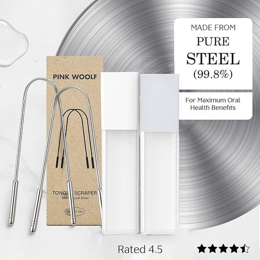 Stainless Steel Tongue Cleaner, 2 Pack with Travel Case and Unique Identifying Mark, Scrapes All Gunk, Fights Bad Breath, Improves Oral Hygiene