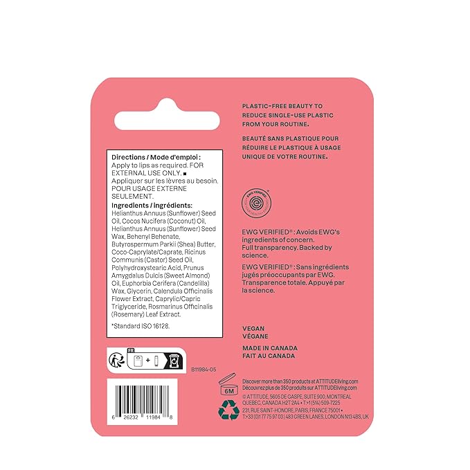 ATTITUDE Lip Balm, Natural Origin, Nourishes & Protects, Shea Butter, Coconut & Castor Oils, EWG Verified, For Dry Lips, Men and Women, Vegan, Watermelon, 0.3 Oz