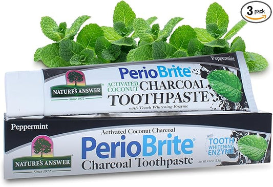 PERIOBRITE Activated Charcoal Toothpaste (Pack of 3) 4 oz. Nature's Answer Tooth Whitening, Plaque Removing, Peppermint Flavored Stain Remover | Fluoride Free