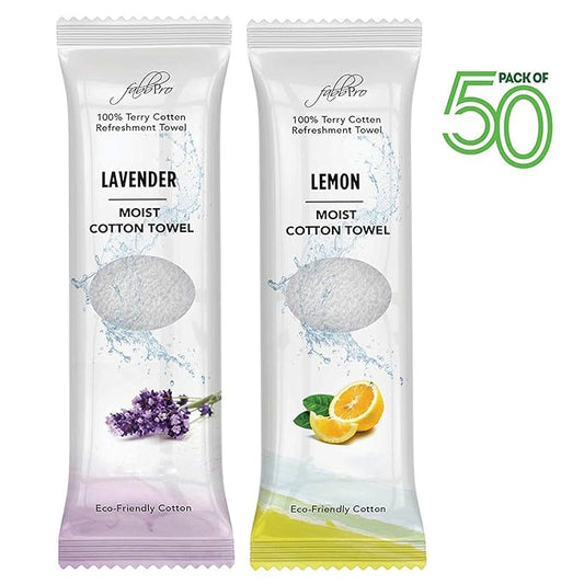 Oshibori Moist Terry Cotton Refreshment Towels (50 Pack, 8 x 8 Inches) - White Mildly Scented Pre-moistened Towel to Use Hot or Cold - Lemon & Lavender Scent Bundle of 25 each