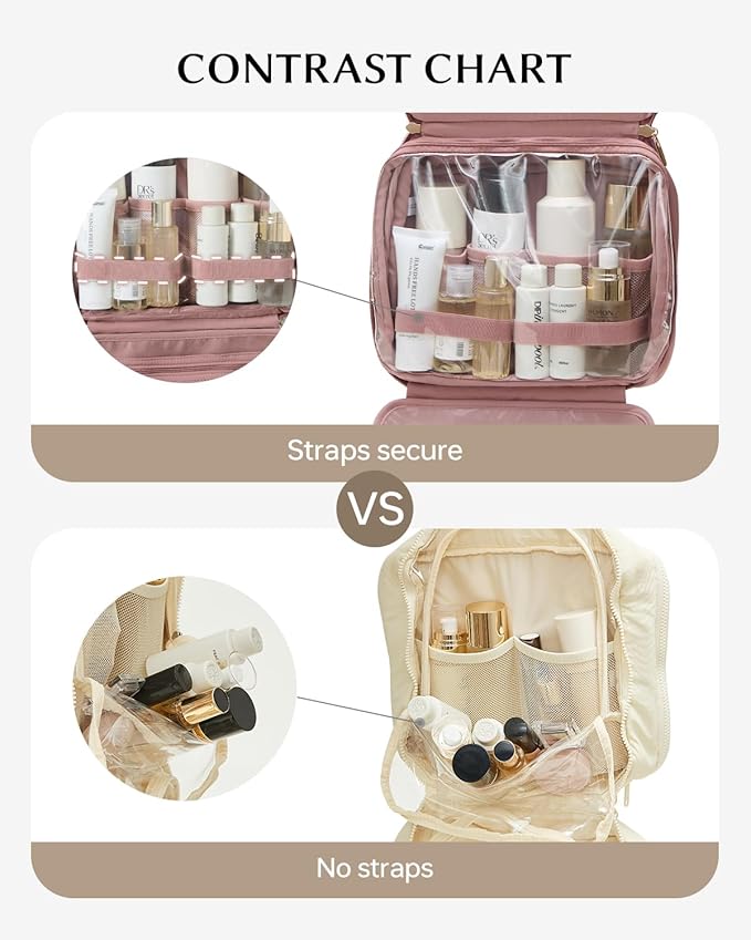 EACHY Travel Toiletry Bag with Hanging Hook, Portable Makeup Cosmetic Bags for Women, Water-Resistant Full-Size Travel Accessories (Pink)