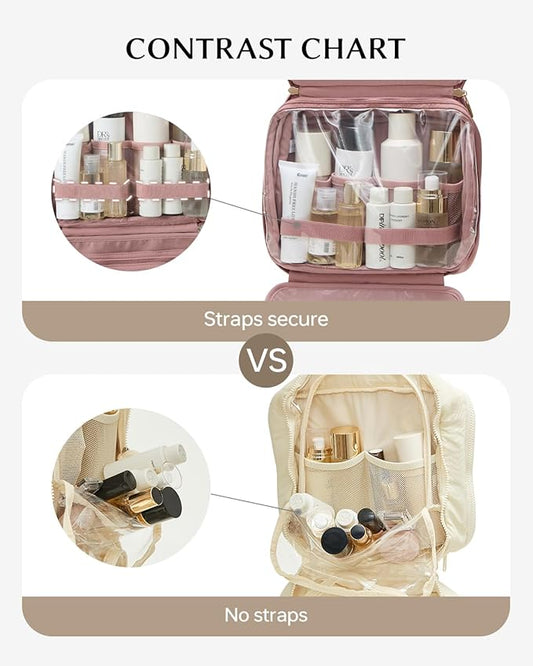 EACHY Travel Toiletry Bag with Hanging Hook, Portable Makeup Cosmetic Bags for Women, Water-Resistant Full-Size Travel Accessories (Pink)