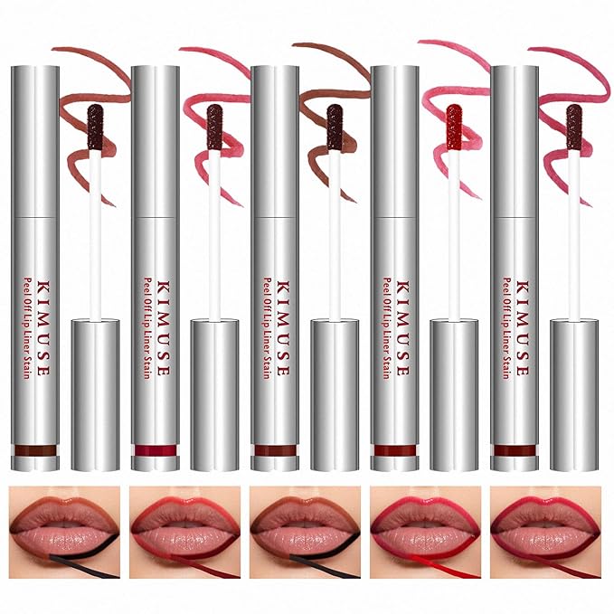 KIMUSE 5Pcs Peel Off Lip Stain, Long Lasting Lip Liner Stain, Waterproof, Transfer-Proof, Smudge-Proof, Highly Pigmented Lip Stain Peel Off Set for All Day Color Hold