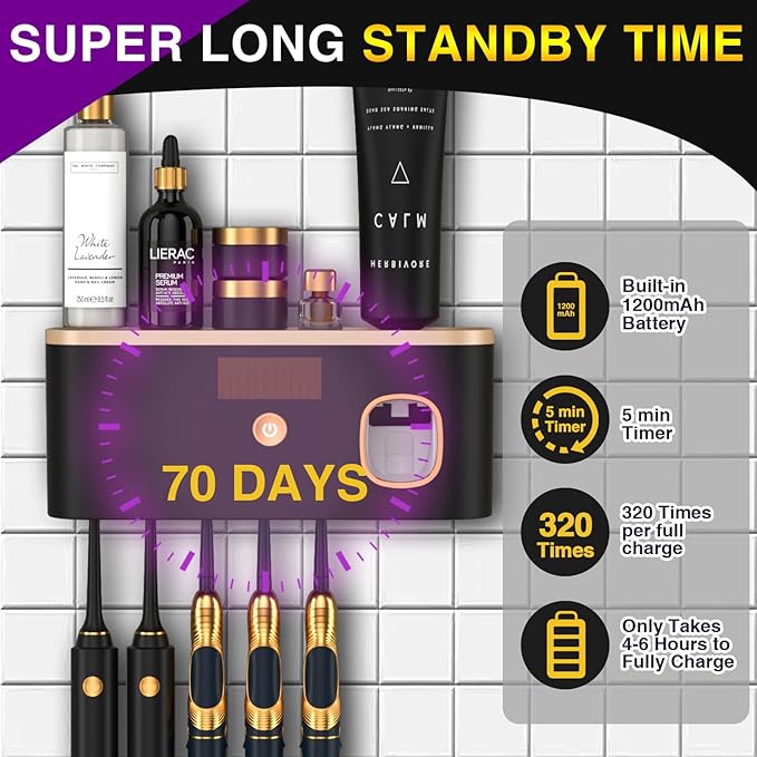 Toothbrush Holders for Bathrooms, Toothbrush Holder Wall Mounted with Toothpaste Dispenser, Rechargeable Cordless Wall Mounted Tooth Brushing Holder