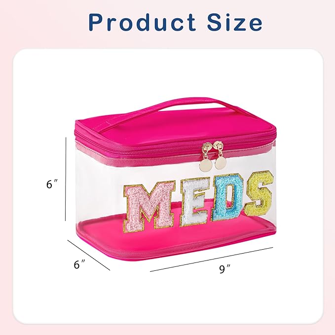 Large Waterproof Chenille Letter Medicine Clear Makeup Bag, Transparent PVC Nylon Preppy Patch Cosmetic Bag with Handle, Portable Meds First Aid Travel Organizer Cosmetic Bag (05MEDS-Hot Pink)