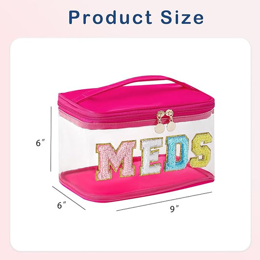 Large Waterproof Chenille Letter Medicine Clear Makeup Bag, Transparent PVC Nylon Preppy Patch Cosmetic Bag with Handle, Portable Meds First Aid Travel Organizer Cosmetic Bag (05MEDS-Hot Pink)