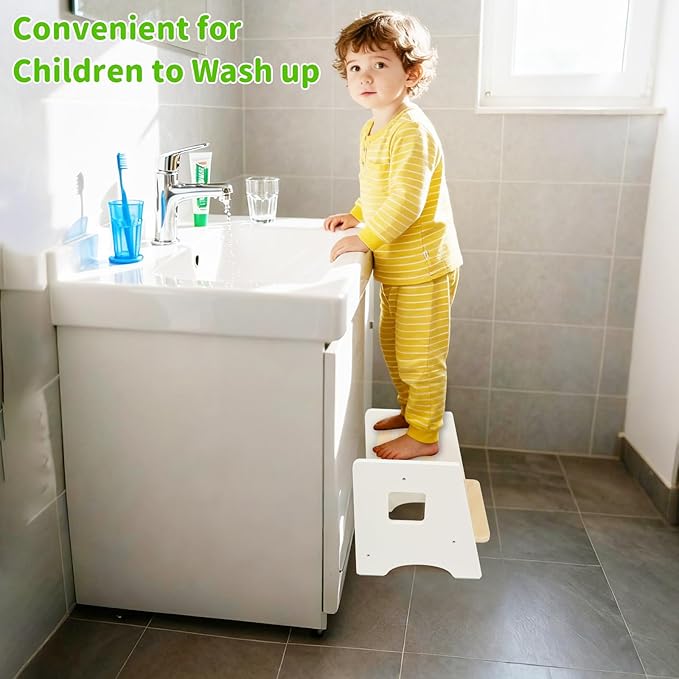 WOOD CITY Toddler Step Stool-Wooden 2 Step Stools for Bathroom Sink Potty Training Kitchen Stool Helper for Kids Bonus Non-Slip Pads and Handles for Safety White