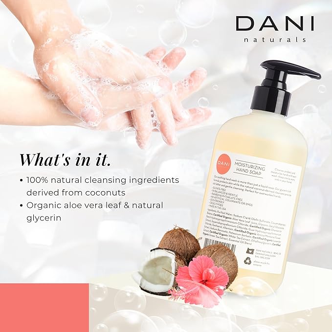 DANI Naturals Moisturizing Hand Soap – Coconut Hibiscus Scent, Hydrating, Sulfate-Free & Paraben-Free, 12 Oz Bottle with Pump, Gentle Cleansing for Dry Skin