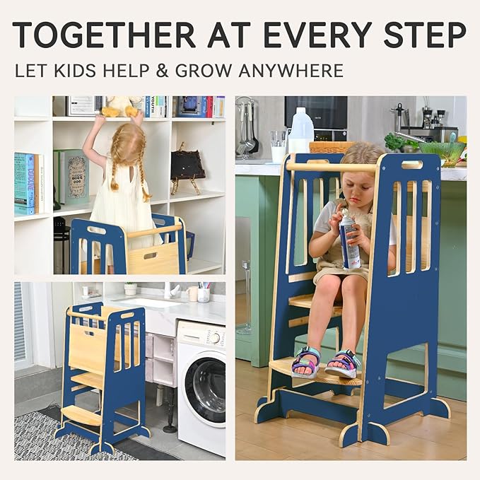 WINGYZ Toddler Kitchen Stool – Adjustable Helper Tower for Kids with Safety Rail, Wooden Standing Step-Up Stool, Sliding Door & Stable Base, Dark Blue