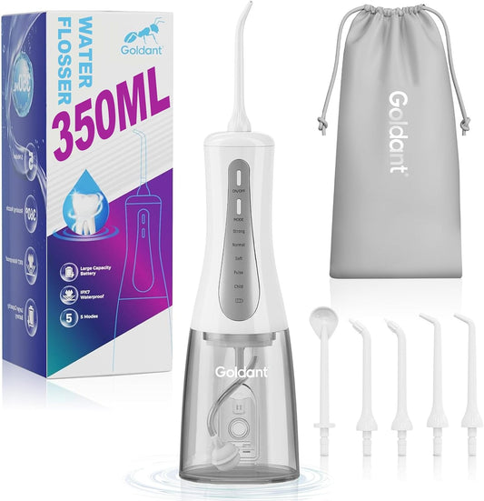 350ML Water Dental Flosser Teeth Pick with Travel Bag, 5 Modes Portable Cordless Oral Irrigator Cleaner, Electric Rechargeable IPX7 Waterproof for Home Travel Teeth Cleaning flossing (White)