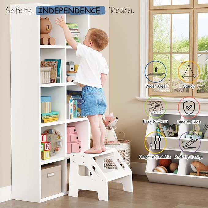 White Wood Toddler Step Stool for Bathroom Sink, 2 Step Kids Stool for Toilet Potty Training, Baby Child Stepping Stool with Handles for Toddlers Nursery Kitchen Counter (White)