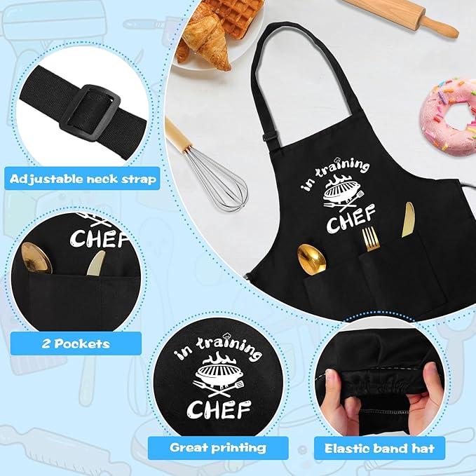 Kids Apron and Chef Hat Set, “CHEF in training” Funny Apron Adjustable Kitchen Apron Cooking Baking Painting with 2 Pockets for Boys and Girls