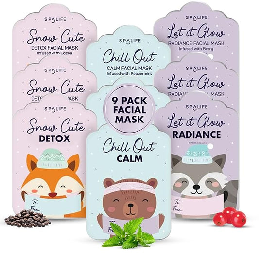 SpaLife Beauty Holiday Gift Tags Christmas Face Mask Bundle | Korean Facial Masks | Hydrating, Tone Evening, Refreshing Christmas Sheet Mask Set | Christmas Gifts for Women | 9 Pack