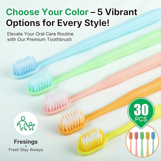 30 Pack Premium Disposable Toothbrushes Bulk – Individually Wrapped Soft Bristle Toothbrushes for Travel, Hotel Guest, Donation, Kids, Adults – Single Use, Family & Emergency Hygiene