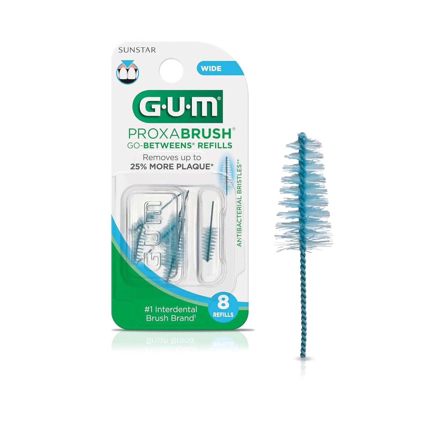 GUM Proxabrush Go-Betweens Refills - Wide - Compatible with GUM Permanent Handle - Reusable Interdental Brushes - Soft Bristled Dental Picks, 8 Count