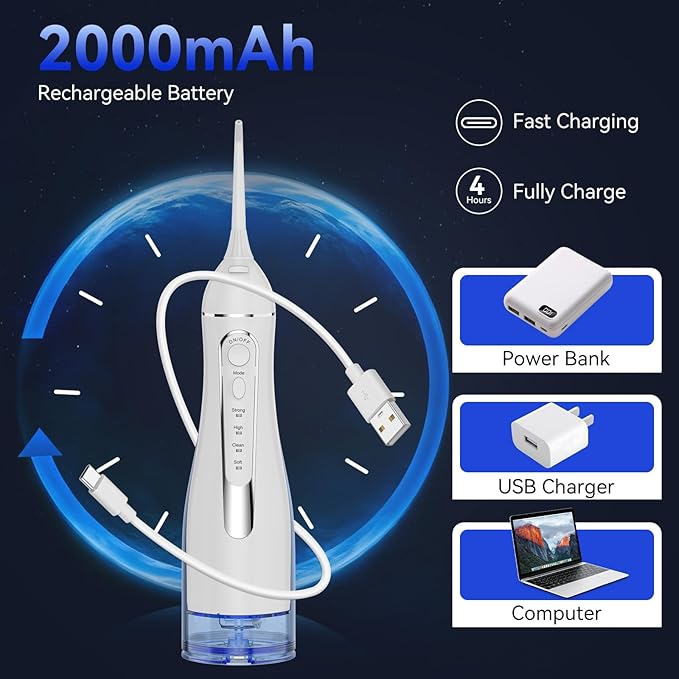 Water flossers for Teeth Pick, Portable Oral Irrigator Dental with 4 Modes 5 Jet Tips, IPX7 Rechargeable Water Tooth Flosser for Braces Sensitive Gum Care，Home Travel Use