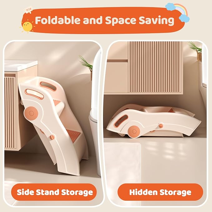 Step Stool for Toddlers – Foldable Toddler Step Stool for Bathroom Sink, 100lbs Load Bearing Non-Slip Kids Stool with Handles and Anti-Tip Design - Potty Training Stool for Ages 2+ (2.Brown)