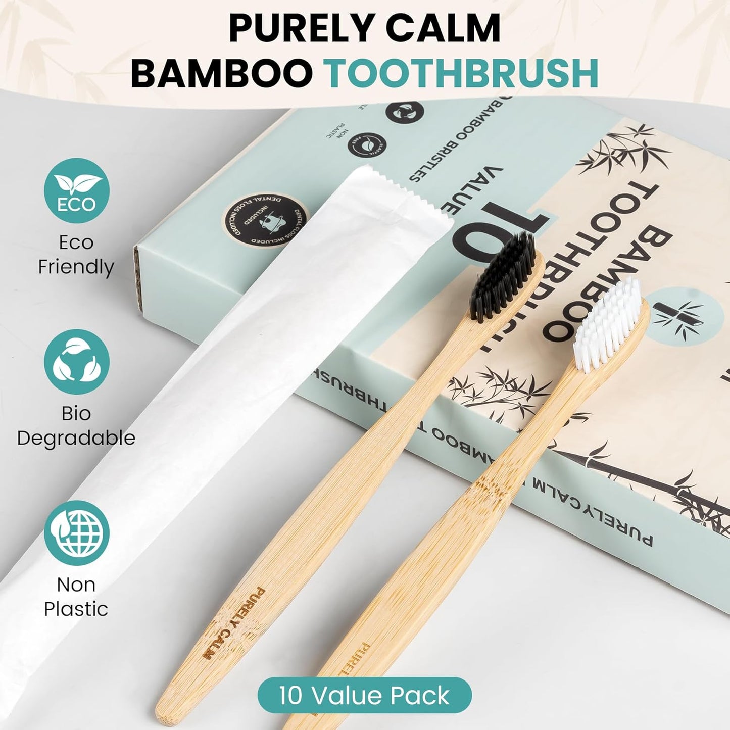 Bamboo Toothbrushes Set – 10-Pack (8 Standard + 2 Charcoal Bristle) – 2 Dental Floss as a Bonus - Eco-Friendly, Biodegradable Soft Bristle Toothbrush, Wooden Toothbrush for Adults & Kids