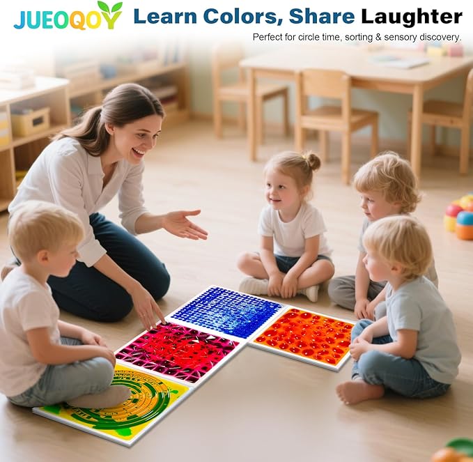 Liquid Sensory Floor Tiles for Kids Ages 3+, 12" Textured Step-On Tiles with Non-Slip Base, Interactive Color-Flow, Assorted Colors, Classroom Sensory Path Set (6-Pack)
